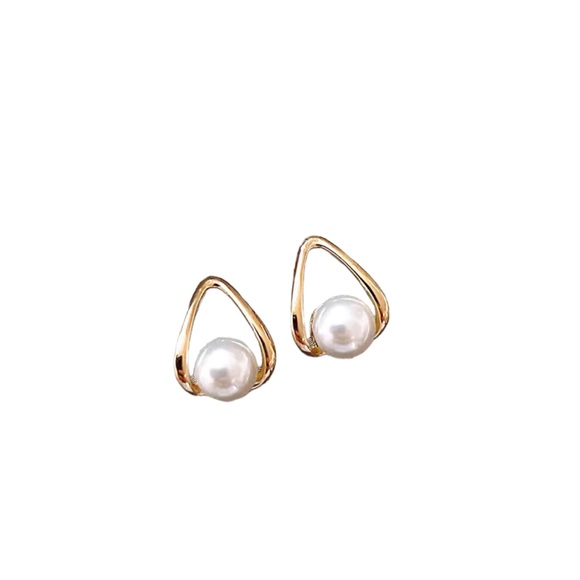 Gold and Pearl Geometric Stud Earrings - Picture 1 of 4
